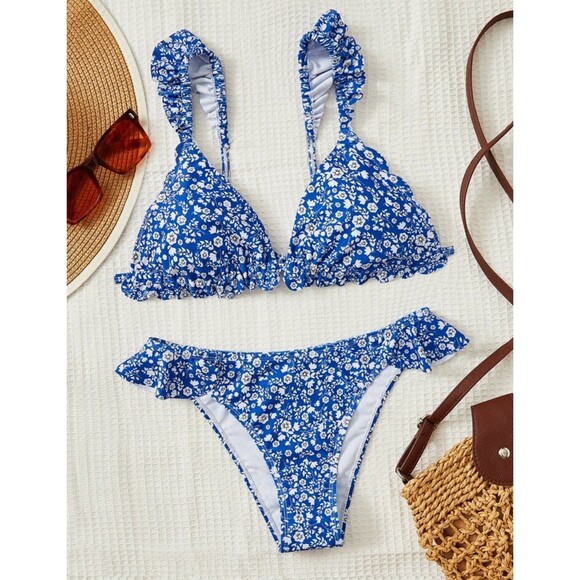 Ditsy Floral Print Ruffle Trim Triangle Bikini Swimsuit - Picture 2 of 4